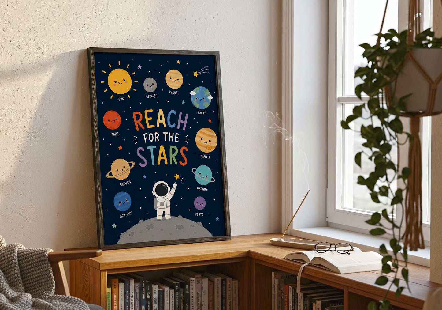 Planet wall art for kids room featuring solar system artwork and inspiring explorer quote.