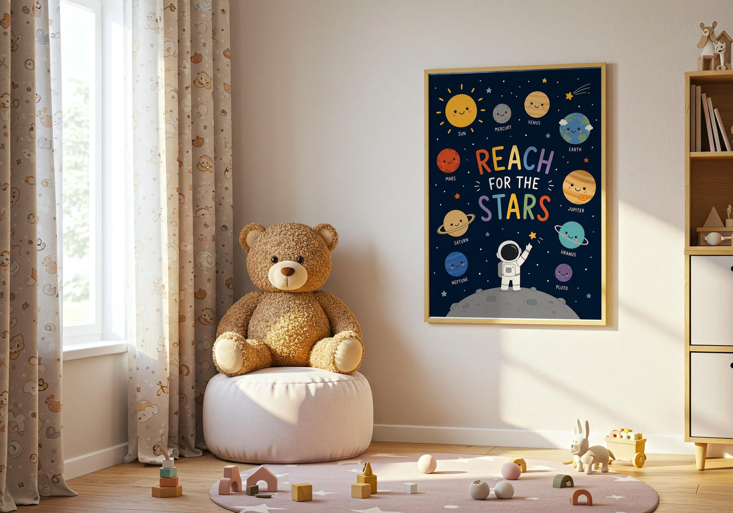 Space-themed bedroom print with cute planets and Reach for the Stars typography.