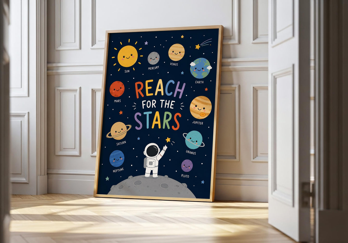 Reach for the Stars nursery print featuring a cute astronaut and smiling solar system planets.