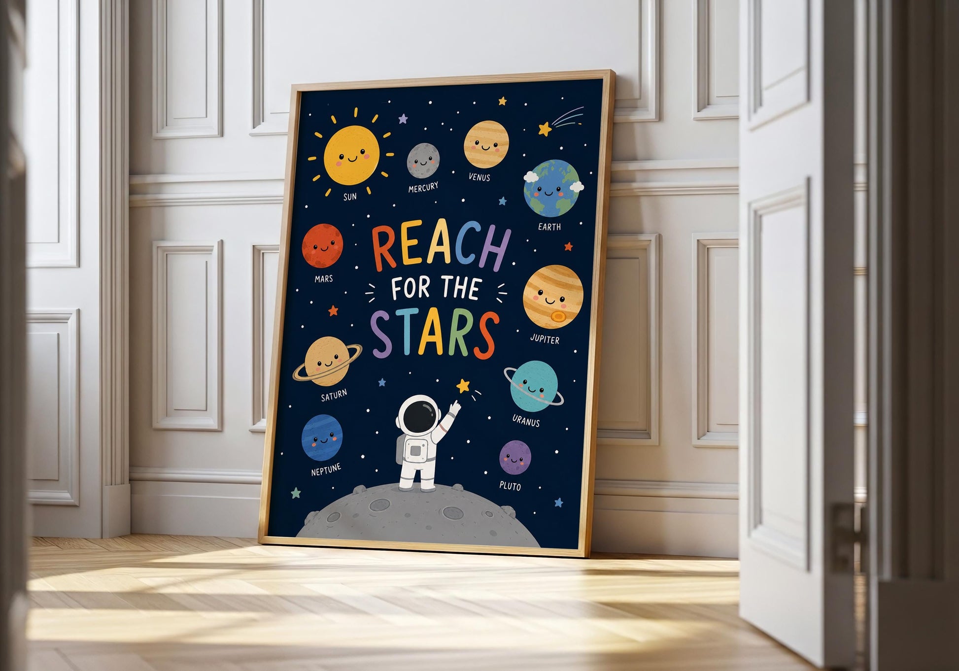 Reach for the Stars nursery print featuring a cute astronaut and smiling solar system planets.
