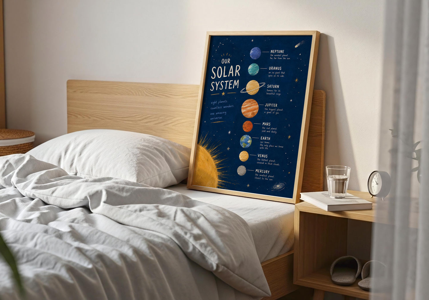 Montessori solar system wall art with colourful planet illustrations and educational facts.