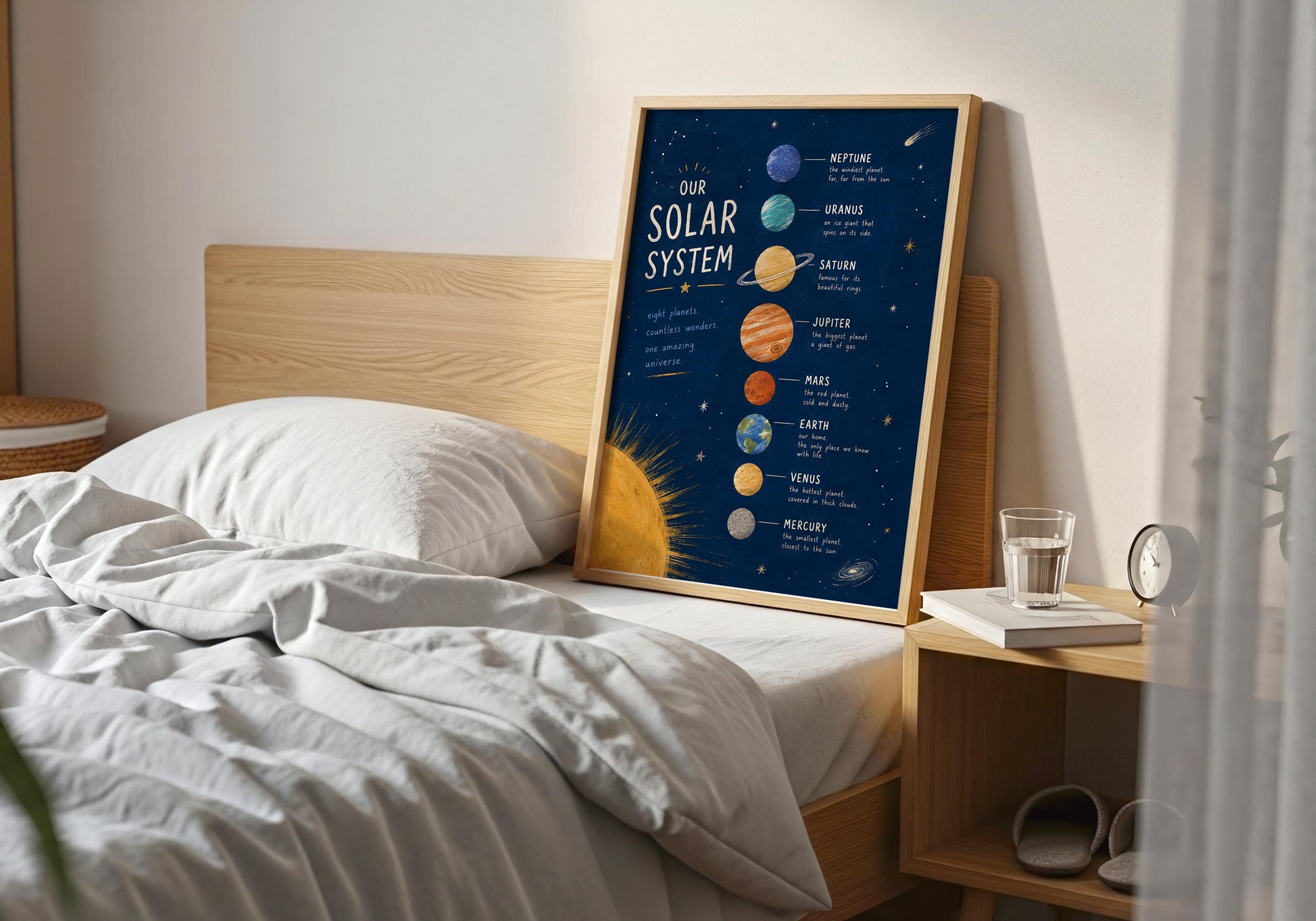 Montessori solar system wall art with colourful planet illustrations and educational facts.
