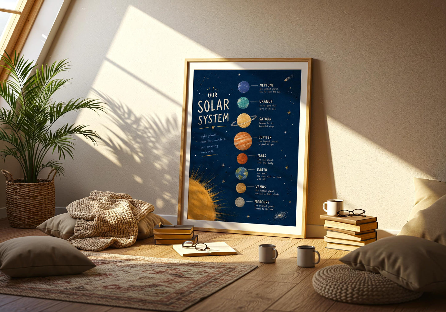 Educational planet wall art perfect for homeschool room and kids science corner.