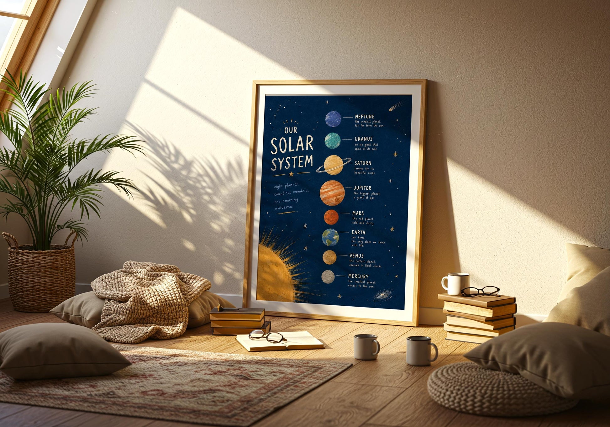 Educational planet wall art perfect for homeschool room and kids science corner.