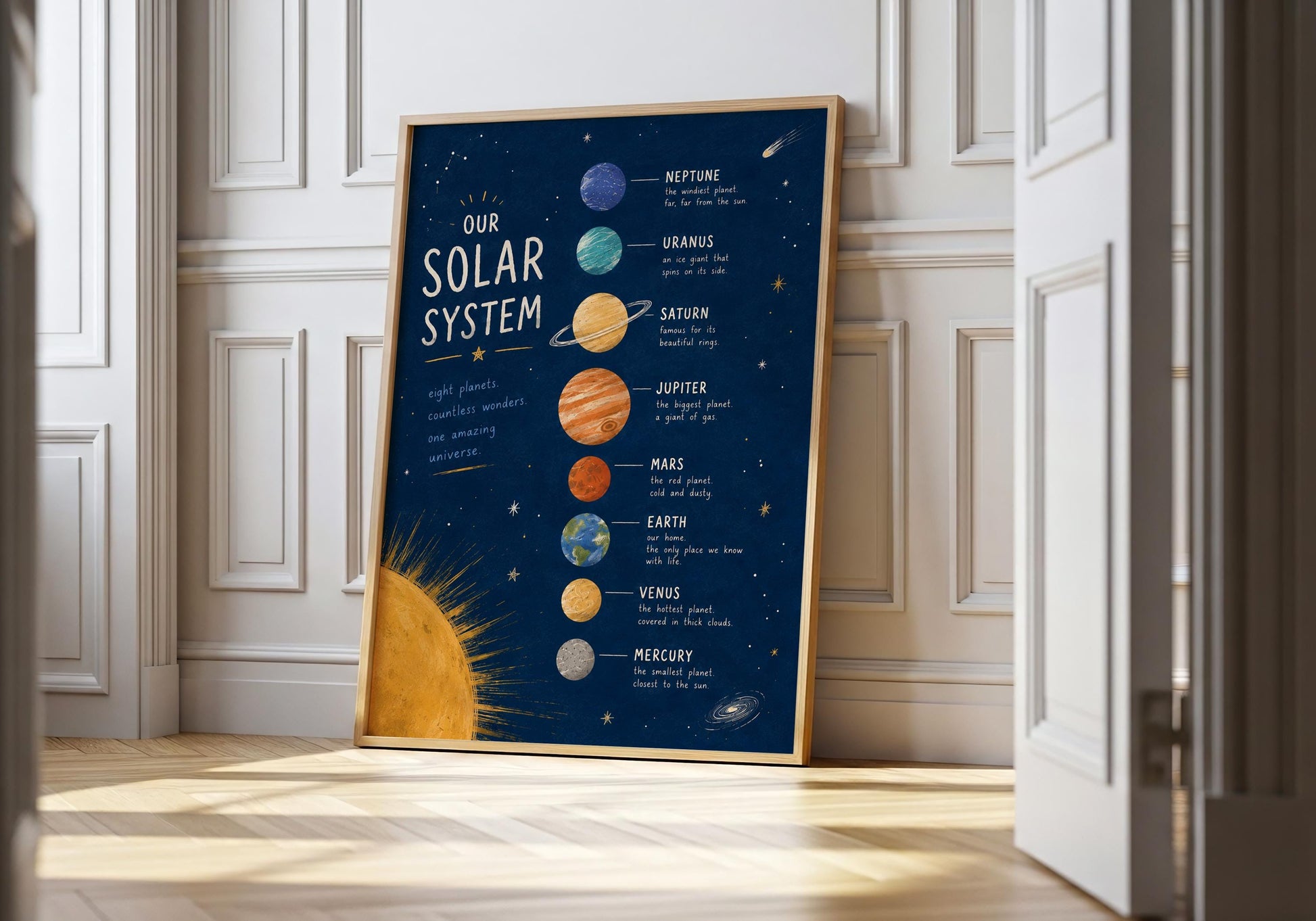 Solar system educational poster with planet facts for Montessori learning and homeschool decor.
