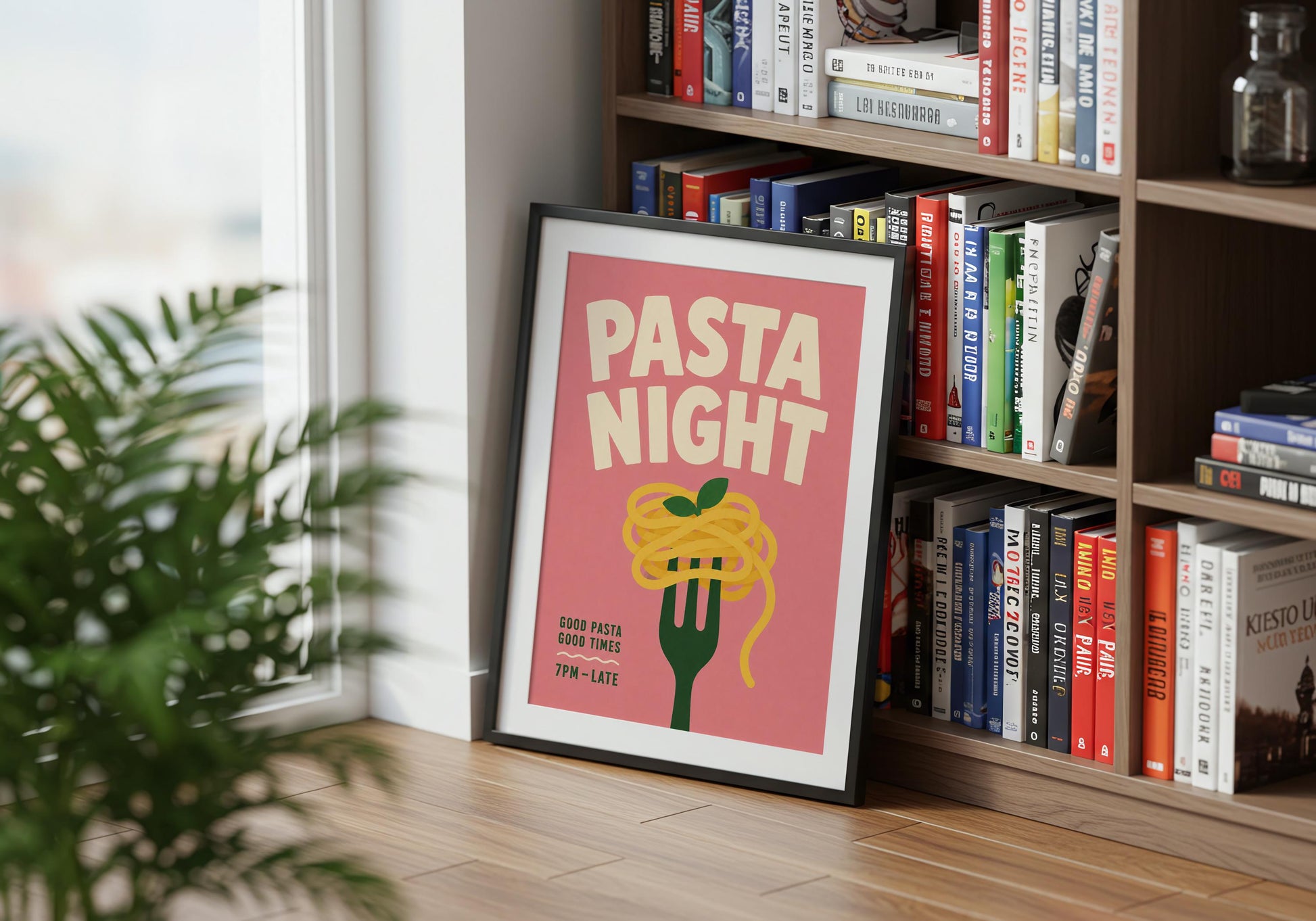 Contemporary pasta lover print with bold typography and minimalist food illustration for kitchens and restaurants.