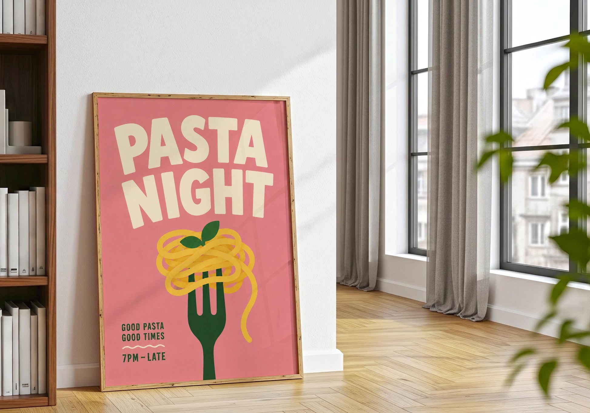 Colourful spaghetti poster with Pasta Night slogan, contemporary food artwork for kitchen gallery walls and dining spaces.