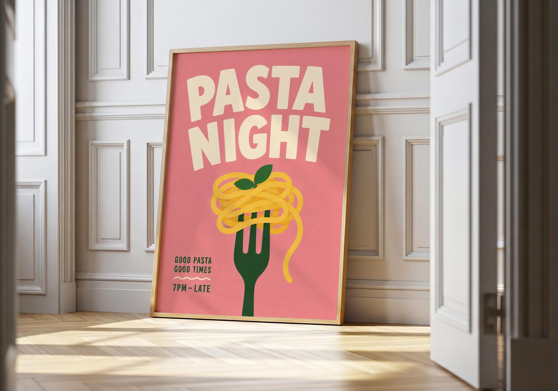 Modern Pasta Night kitchen print featuring spaghetti wrapped around a fork on a pink background with bold retro typography.