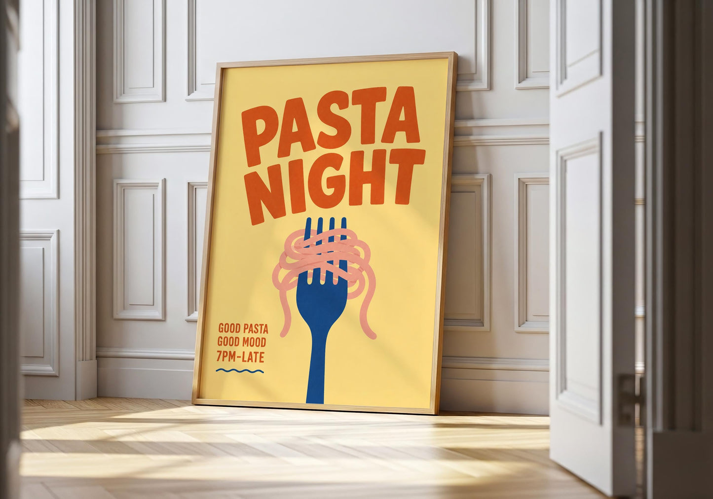 Retro Pasta Night kitchen print featuring spaghetti wrapped around a blue fork on a bright yellow background with bold typography.