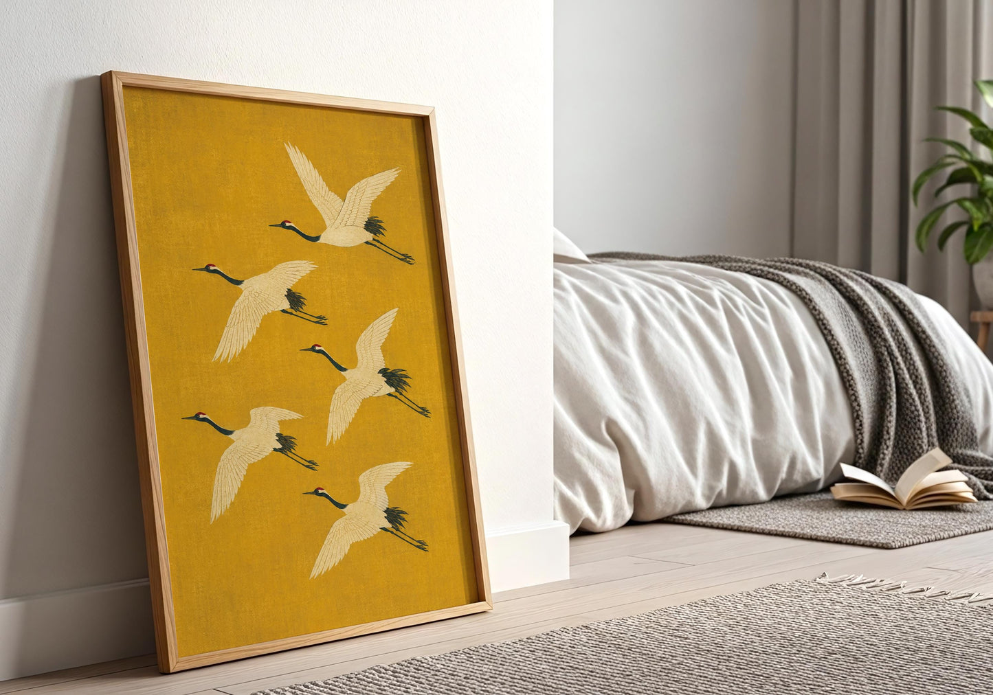 Minimalist crane poster with five flying cranes on a warm mustard gold background, perfect for Scandinavian and Zen interiors.