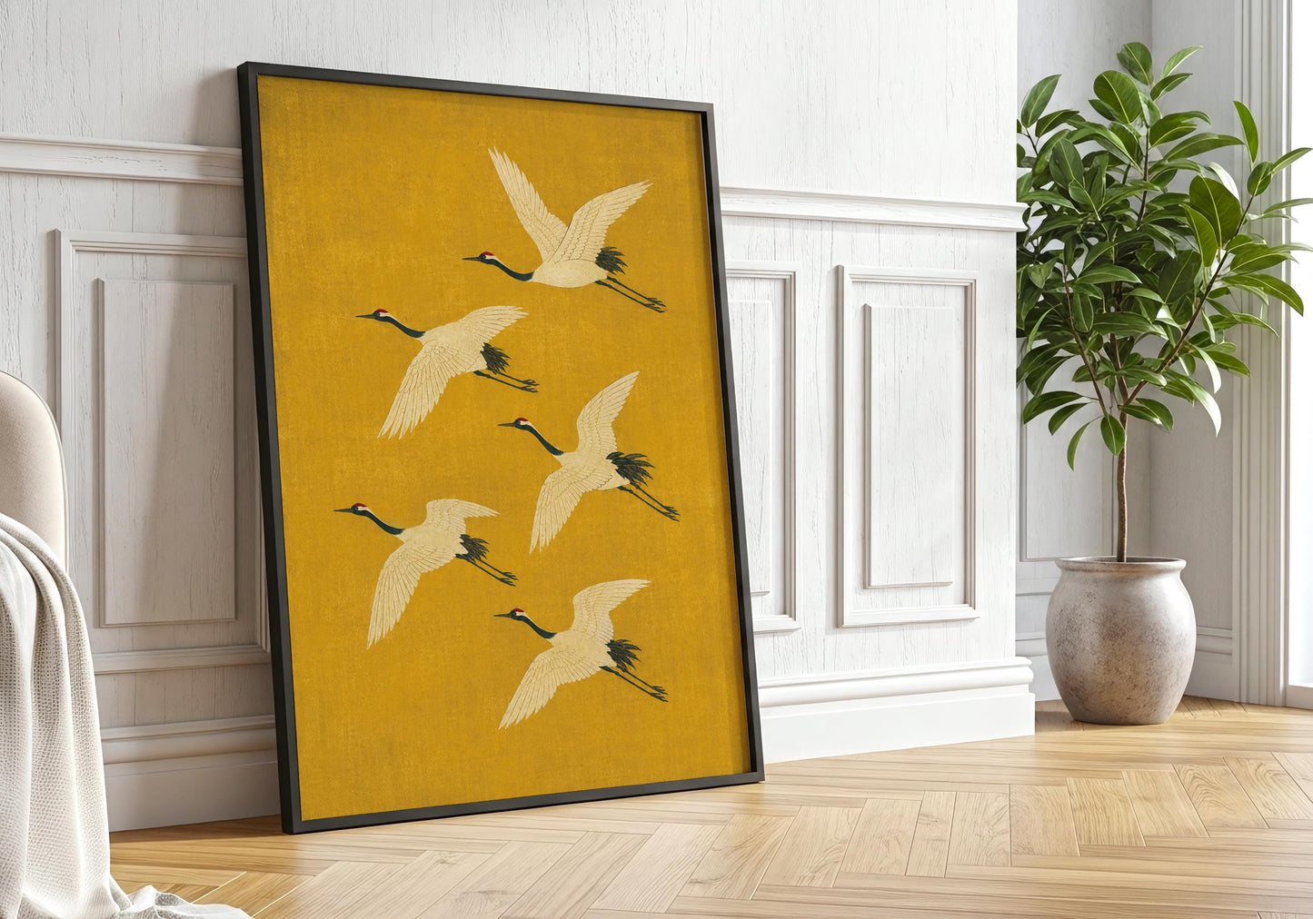 Japandi bird print with graceful white cranes in flight, modern Japanese-inspired wall decor for living rooms and bedrooms.