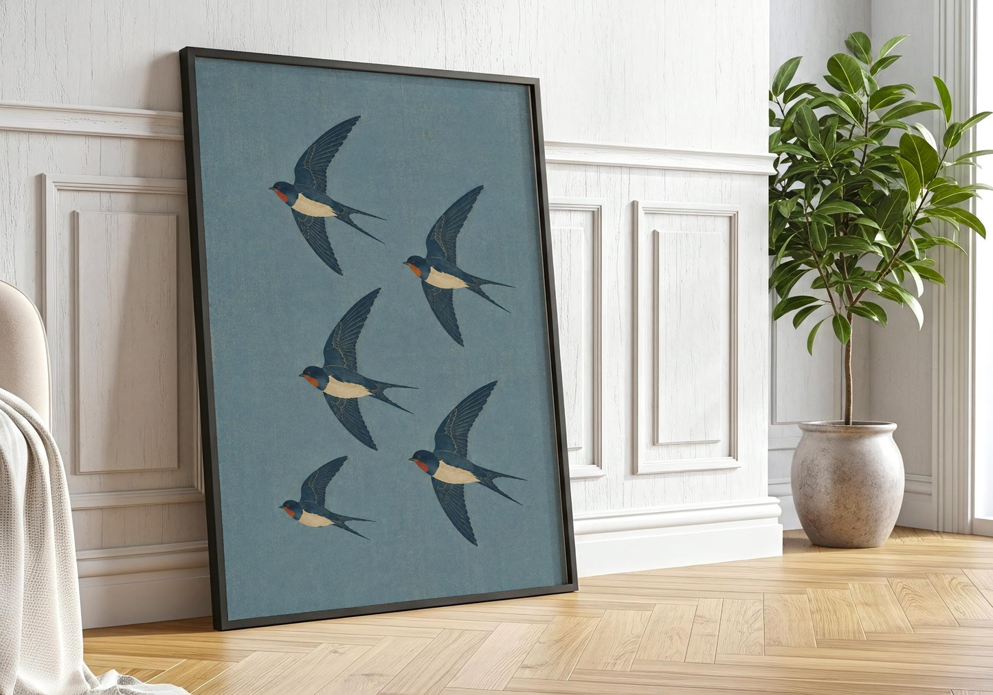 Elegant bird print with graceful swallows in flight, minimalist nature wall art for living rooms and bedrooms.
