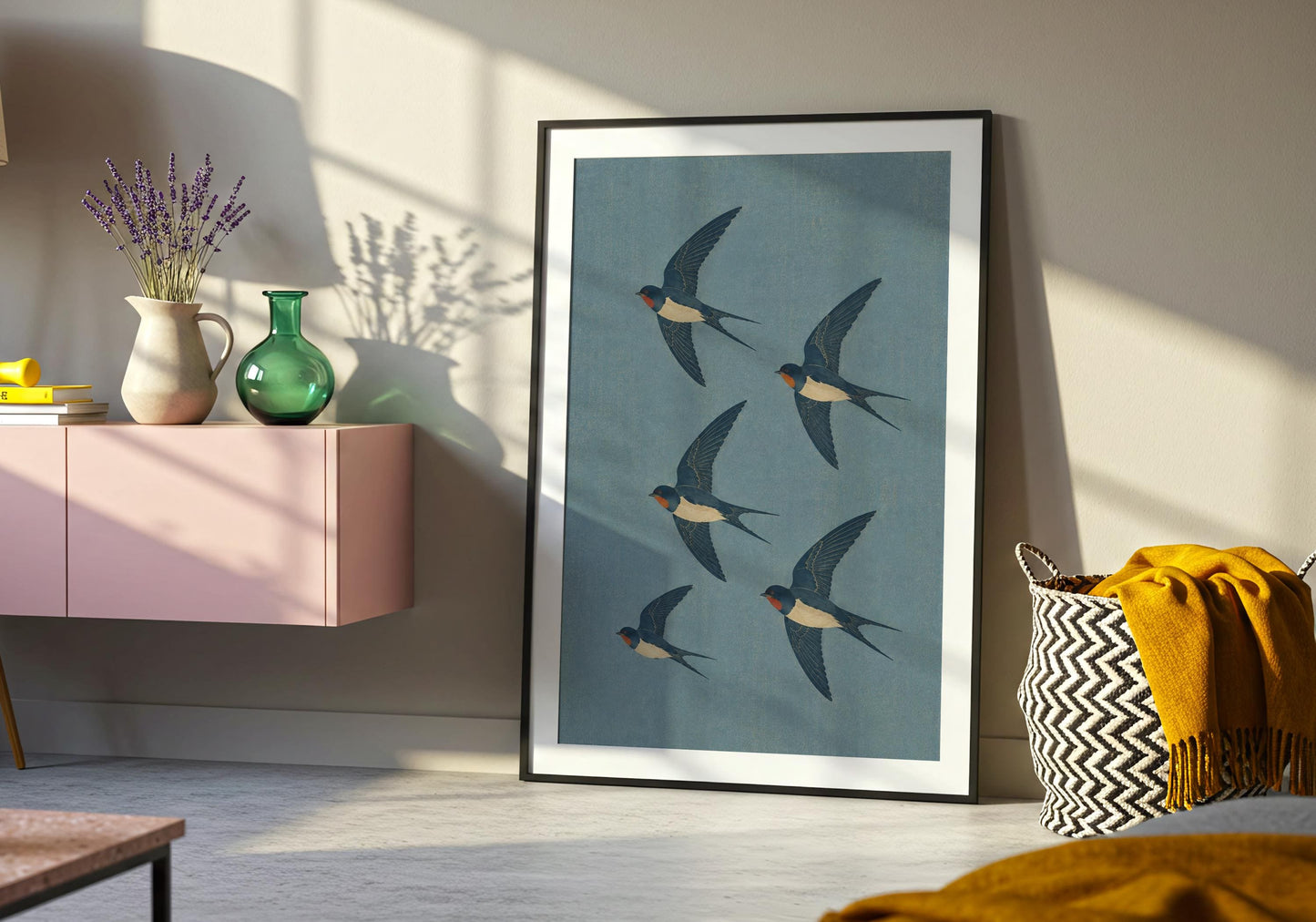 Nature-inspired swallow print featuring graceful birds in flight, ideal for coastal, cottagecore, and Scandinavian interiors.