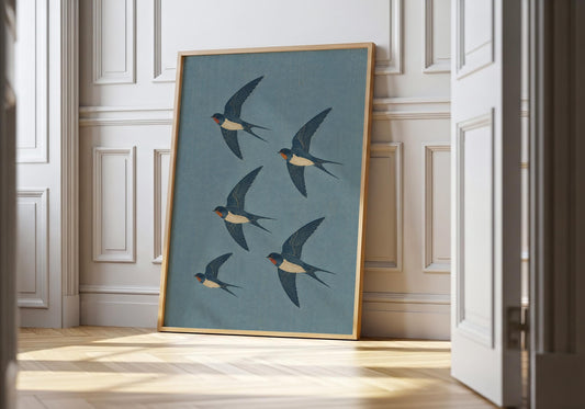 Vintage swallow wall art featuring five flying swallows against a soft blue sky, perfect for coastal and Scandinavian home decor.