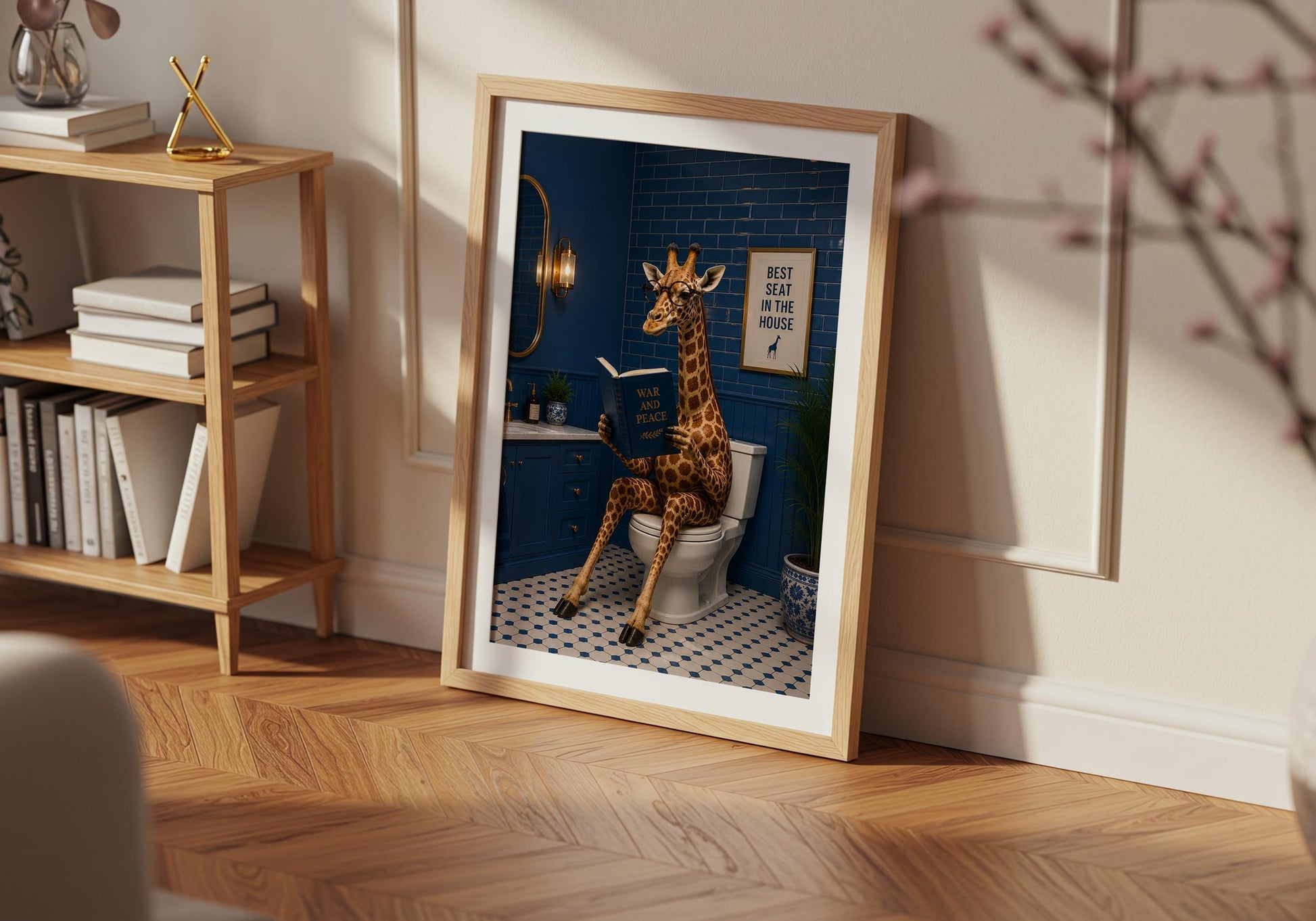 Animal bathroom decor with humorous giraffe illustration for powder room styling.