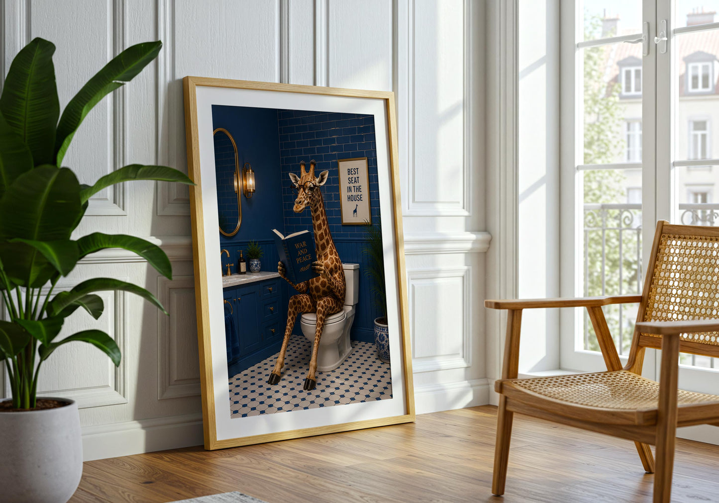 Humorous bathroom poster with a reading giraffe for guest bathroom decor.