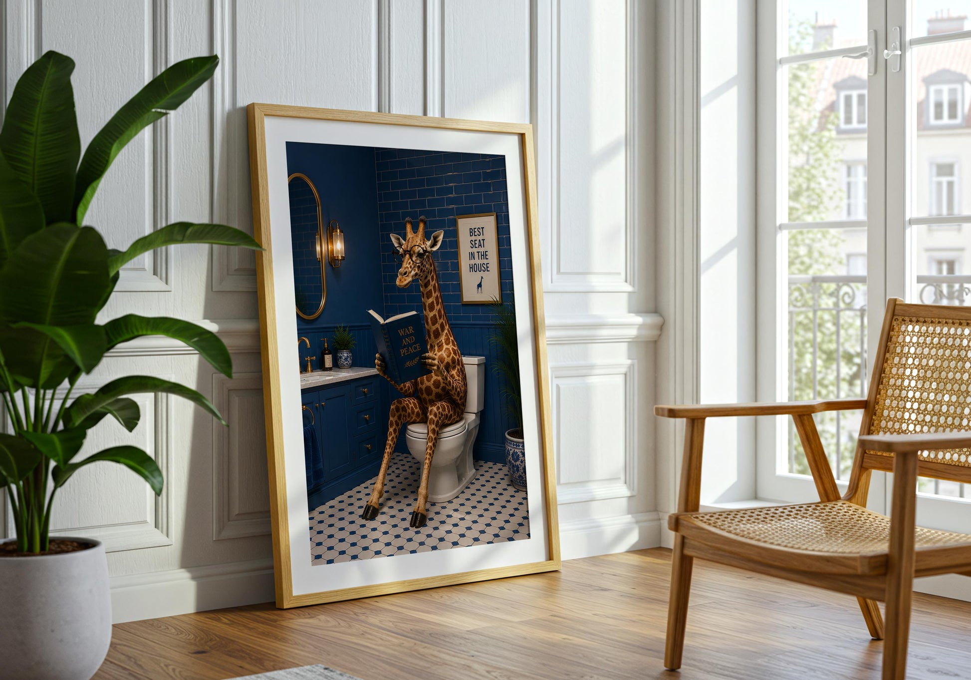 Humorous bathroom poster with a reading giraffe for guest bathroom decor.