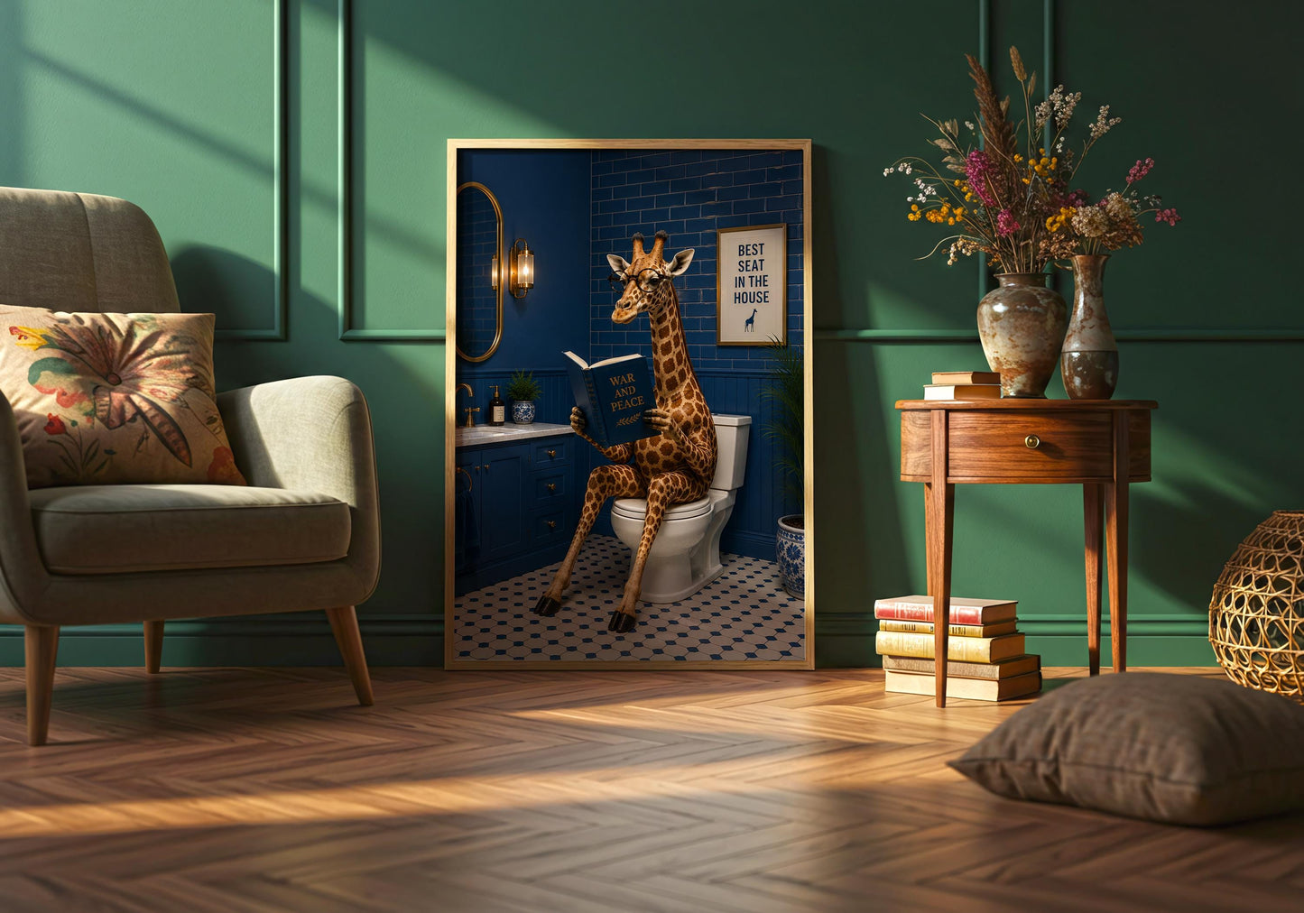 Modern bathroom poster with giraffe reading a book on the toilet for quirky interiors.