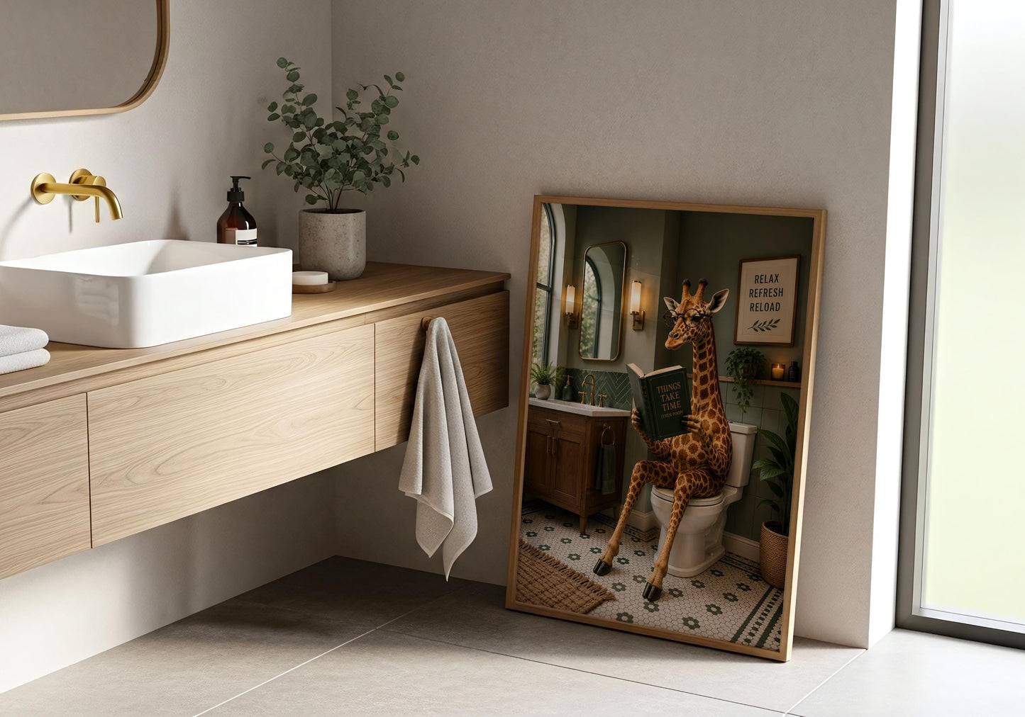 Luxury funny bathroom poster featuring a giraffe relaxing on the toilet with a book.