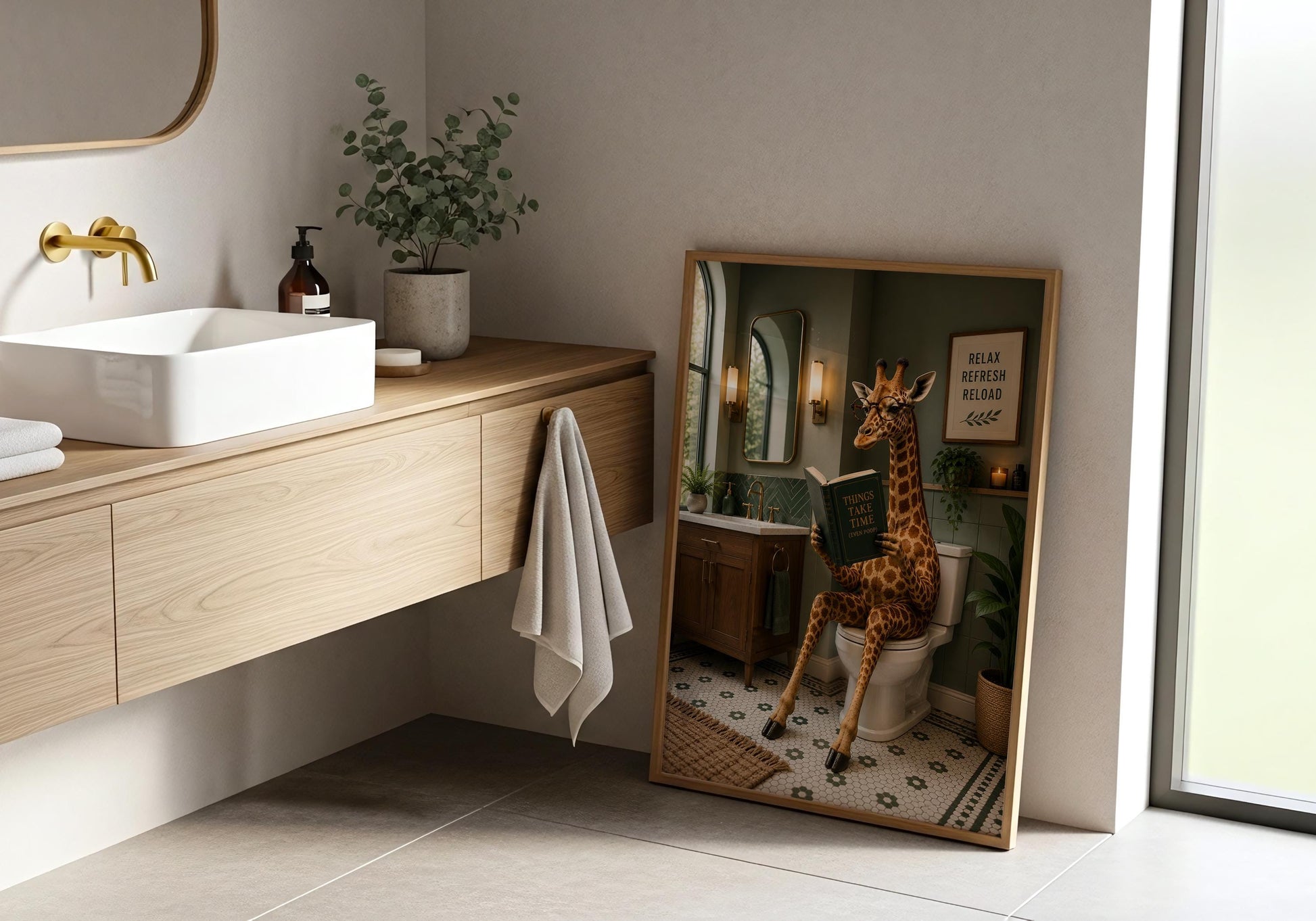 Luxury funny bathroom poster featuring a giraffe relaxing on the toilet with a book.
