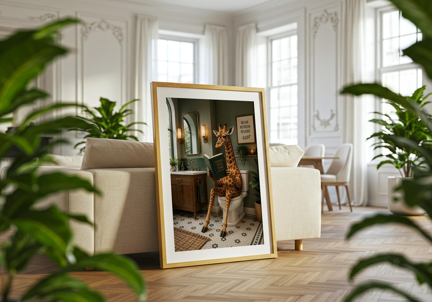 Humorous toilet wall art featuring an elegant giraffe reading in a modern bathroom.