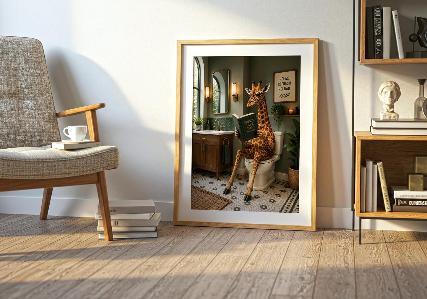 Funny animal bathroom print with a giraffe enjoying a book in a stylish interior.