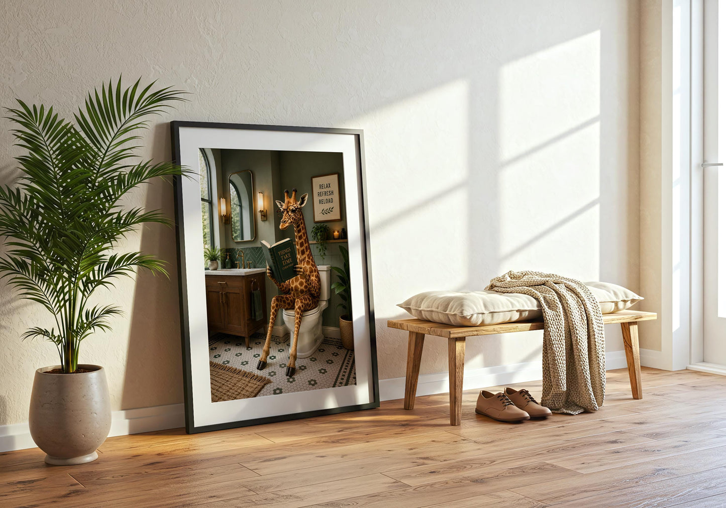 Bathroom poster featuring a reading giraffe and relaxing spa-inspired bathroom decor.