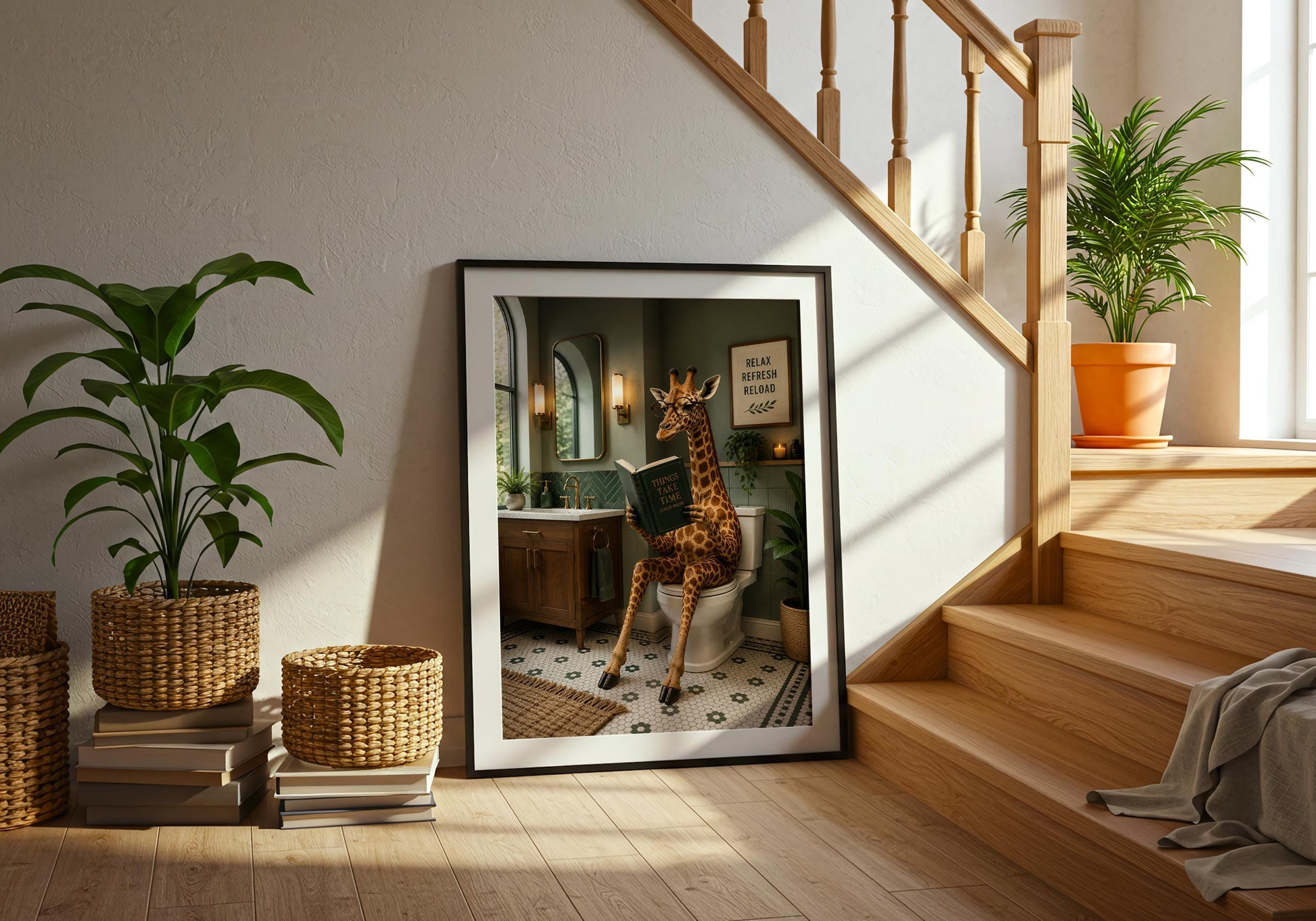 Guest bathroom artwork combining modern home decor with playful giraffe humour.