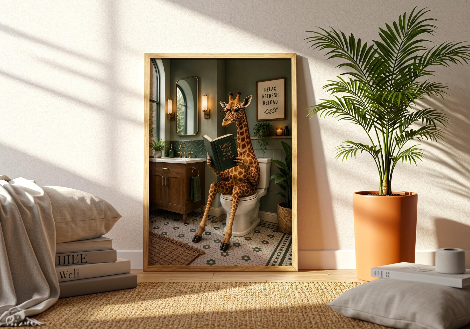 Bathroom poster featuring a reading giraffe and relaxing spa-inspired bathroom decor.
