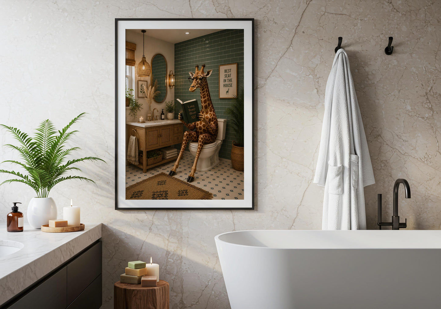 Quirky bathroom poster showing a giraffe on the toilet reading a book for funny home decor.