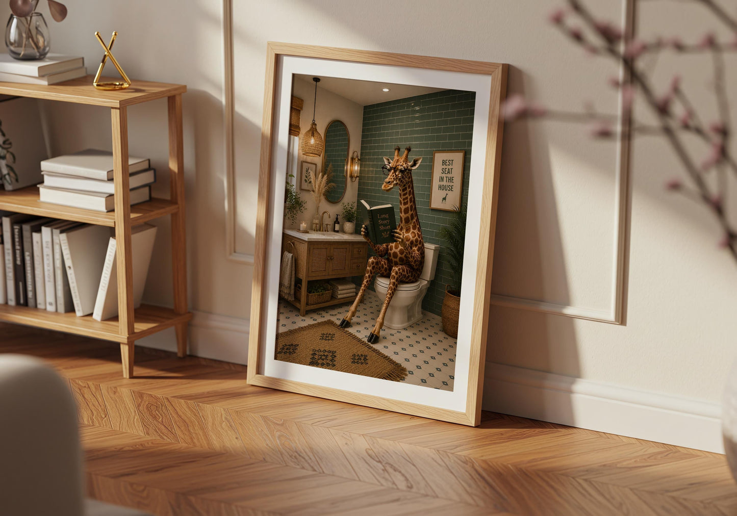 Funny powder room wall art with giraffe illustration for modern home interiors.