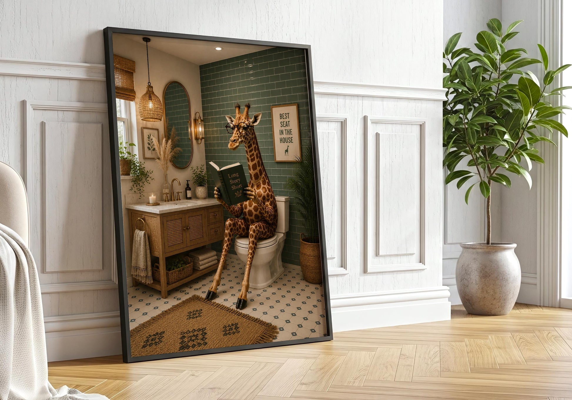 Giraffe bathroom poster perfect for cloakroom, ensuite or guest toilet decor.
