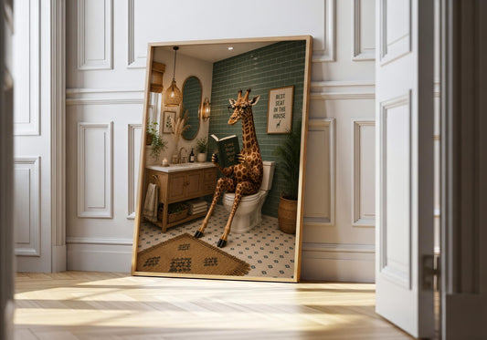 Funny bathroom wall art featuring a giraffe reading a book on the toilet with Best Seat in the House sign.