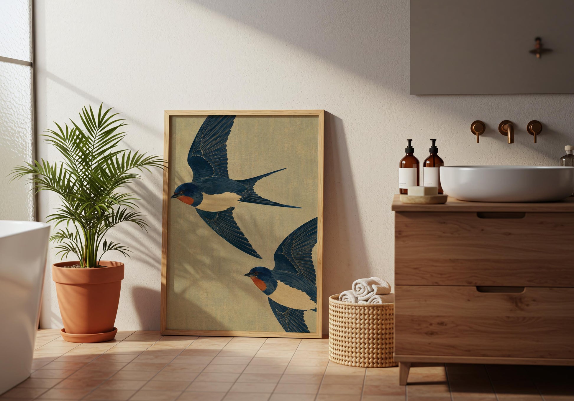 British wildlife bird print with Barn Swallows in flight, ideal for garden rooms, studies, and country homes.