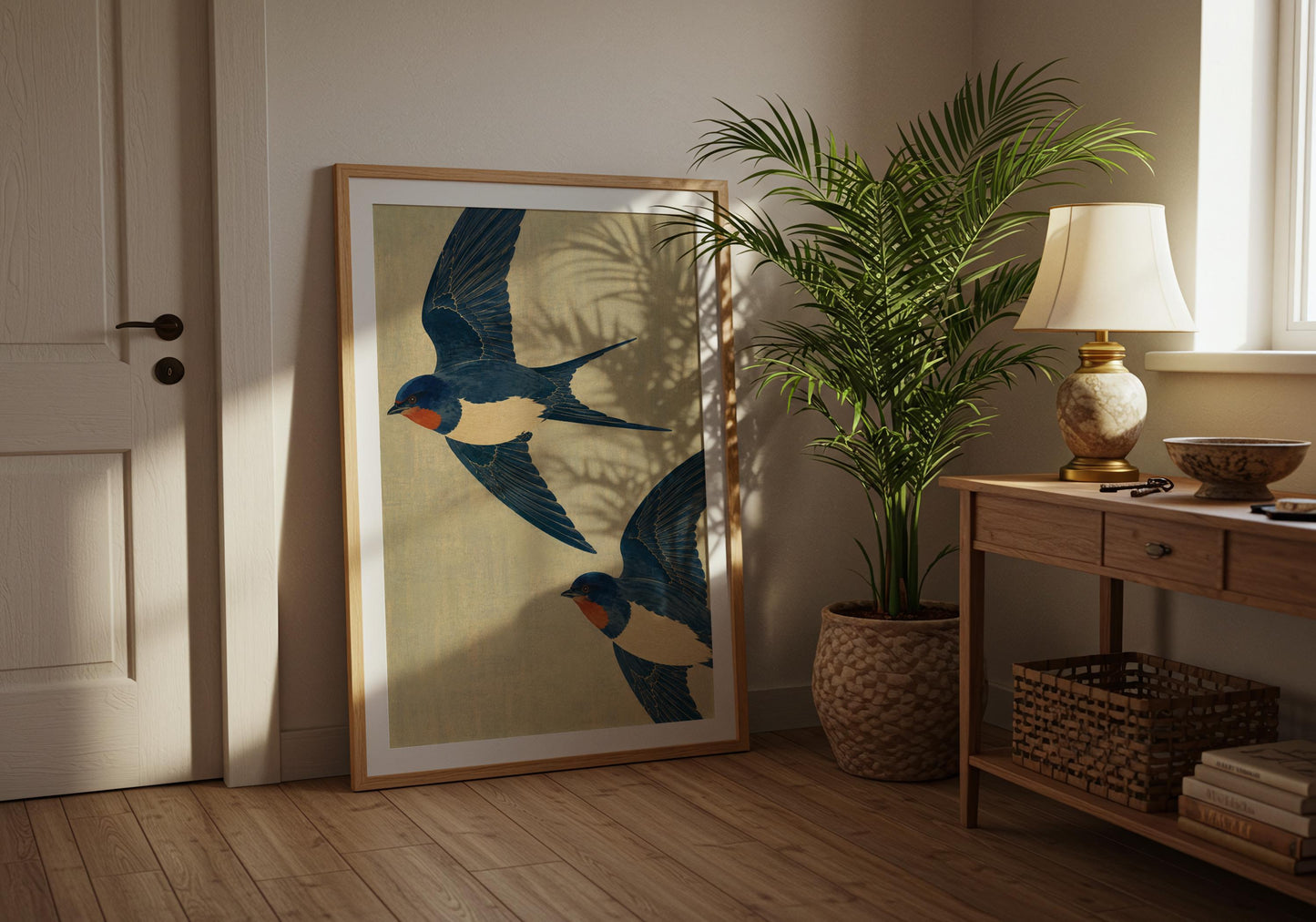 Elegant swallow print for birdwatchers featuring detailed flying Barn Swallows in a traditional illustration style.