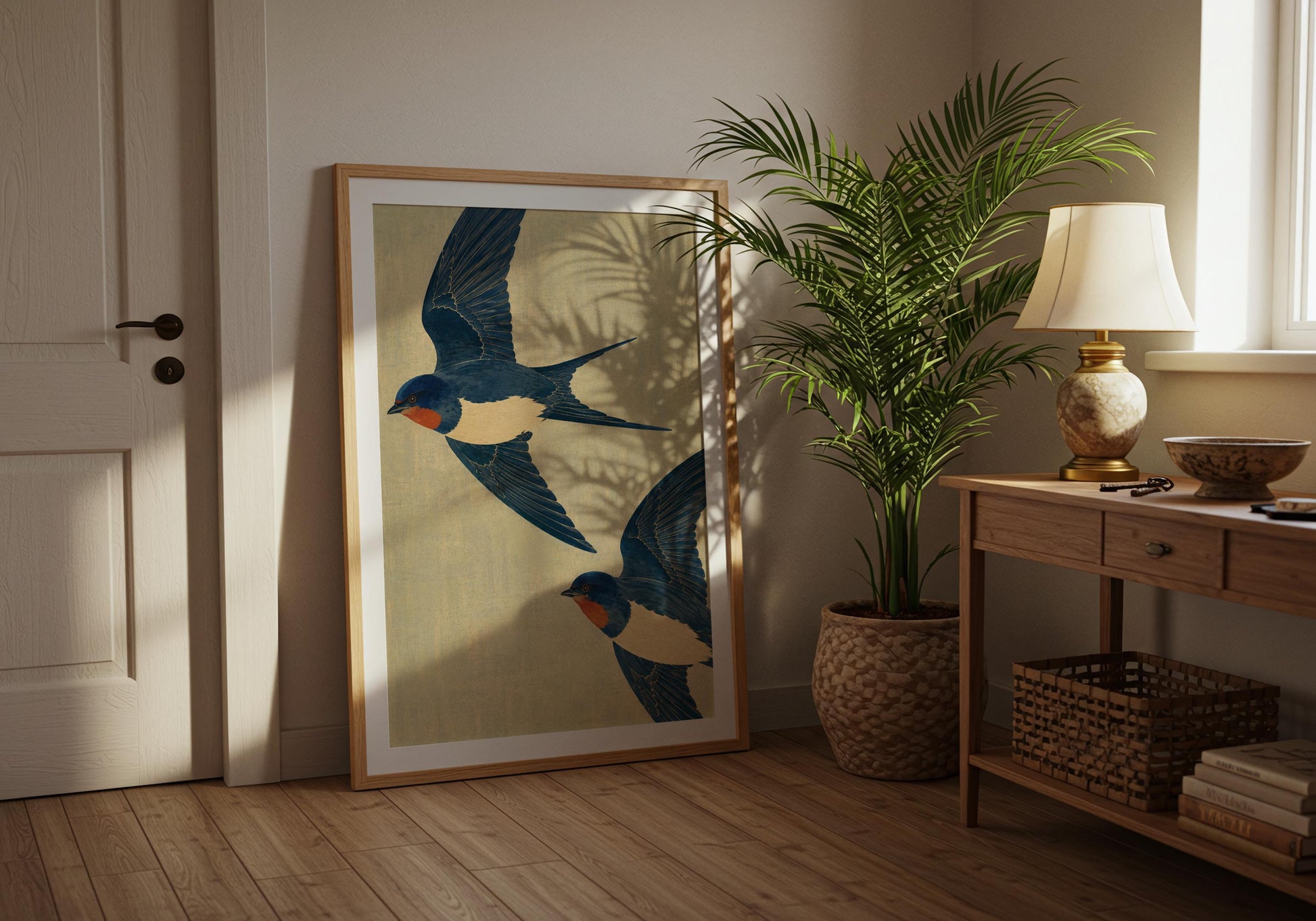 Elegant swallow print for birdwatchers featuring detailed flying Barn Swallows in a traditional illustration style.