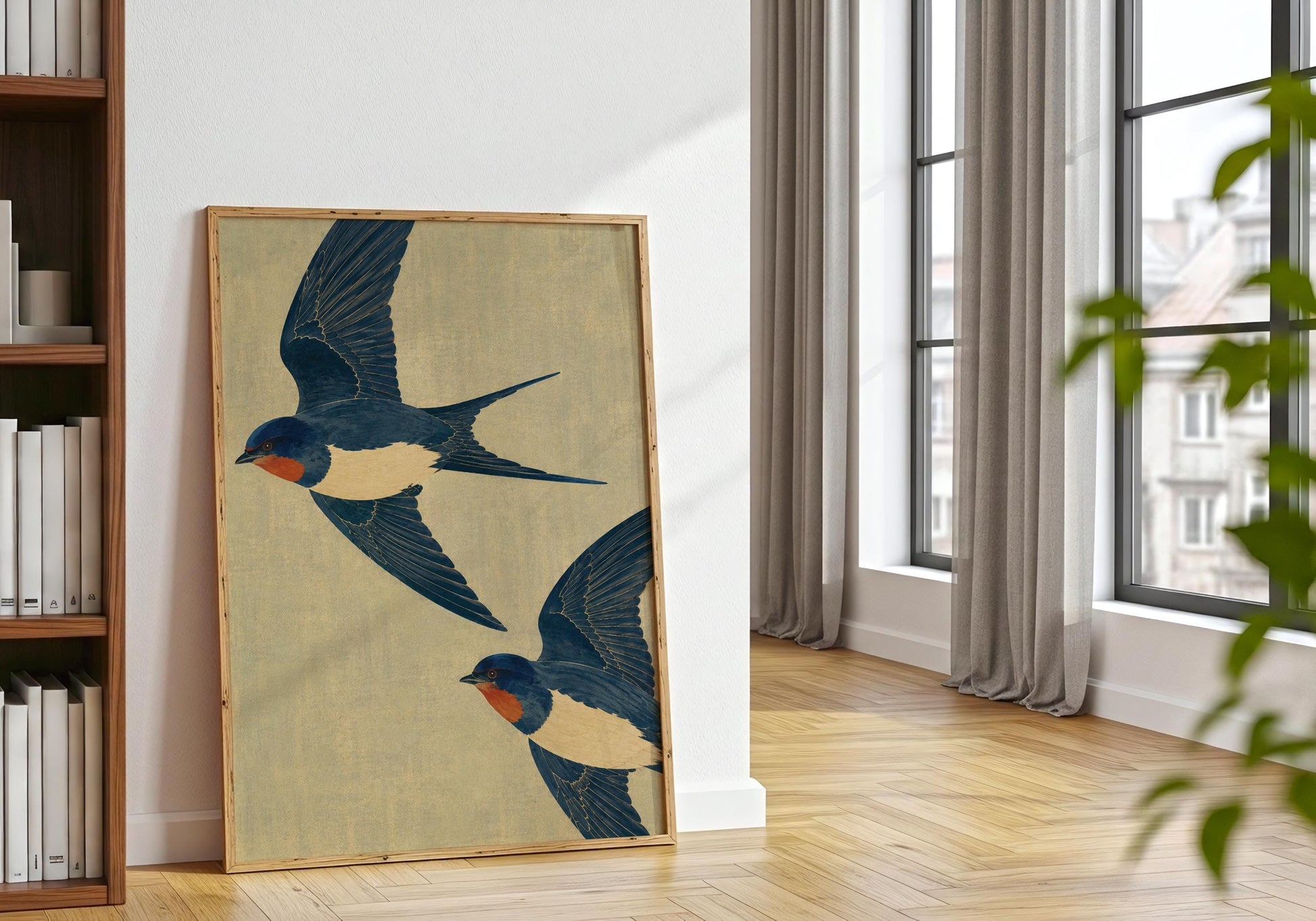 Vintage-style Barn Swallow illustration featuring two graceful birds in flight for wildlife-themed home decor.