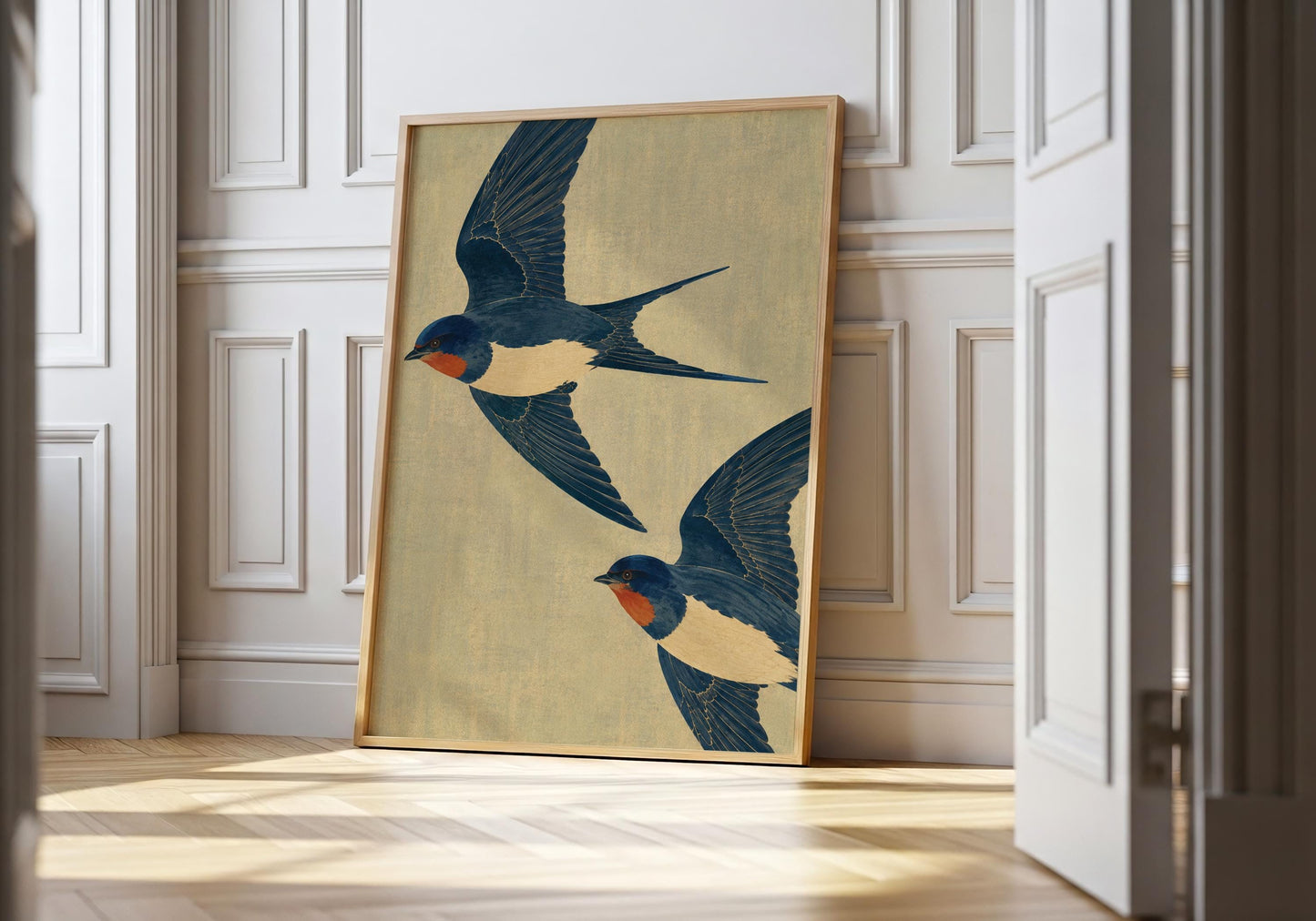 Barn Swallow print featuring two swallows in flight, vintage wildlife wall art for birdwatchers and nature lovers.