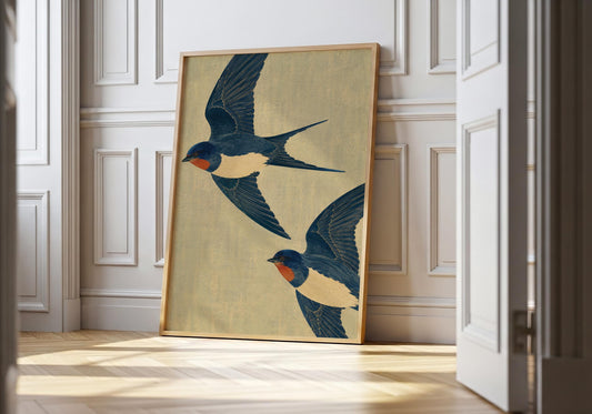 Barn Swallow print featuring two swallows in flight, vintage wildlife wall art for birdwatchers and nature lovers.