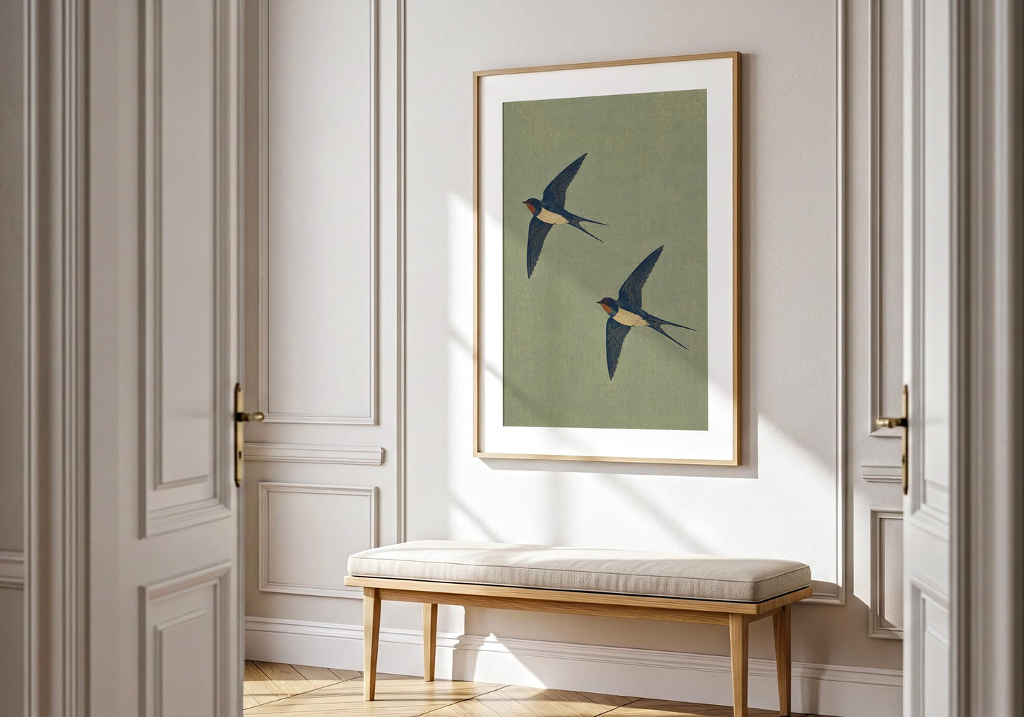 Elegant swallow couple illustration for Scandinavian interiors, meaningful engagement or wedding present.
