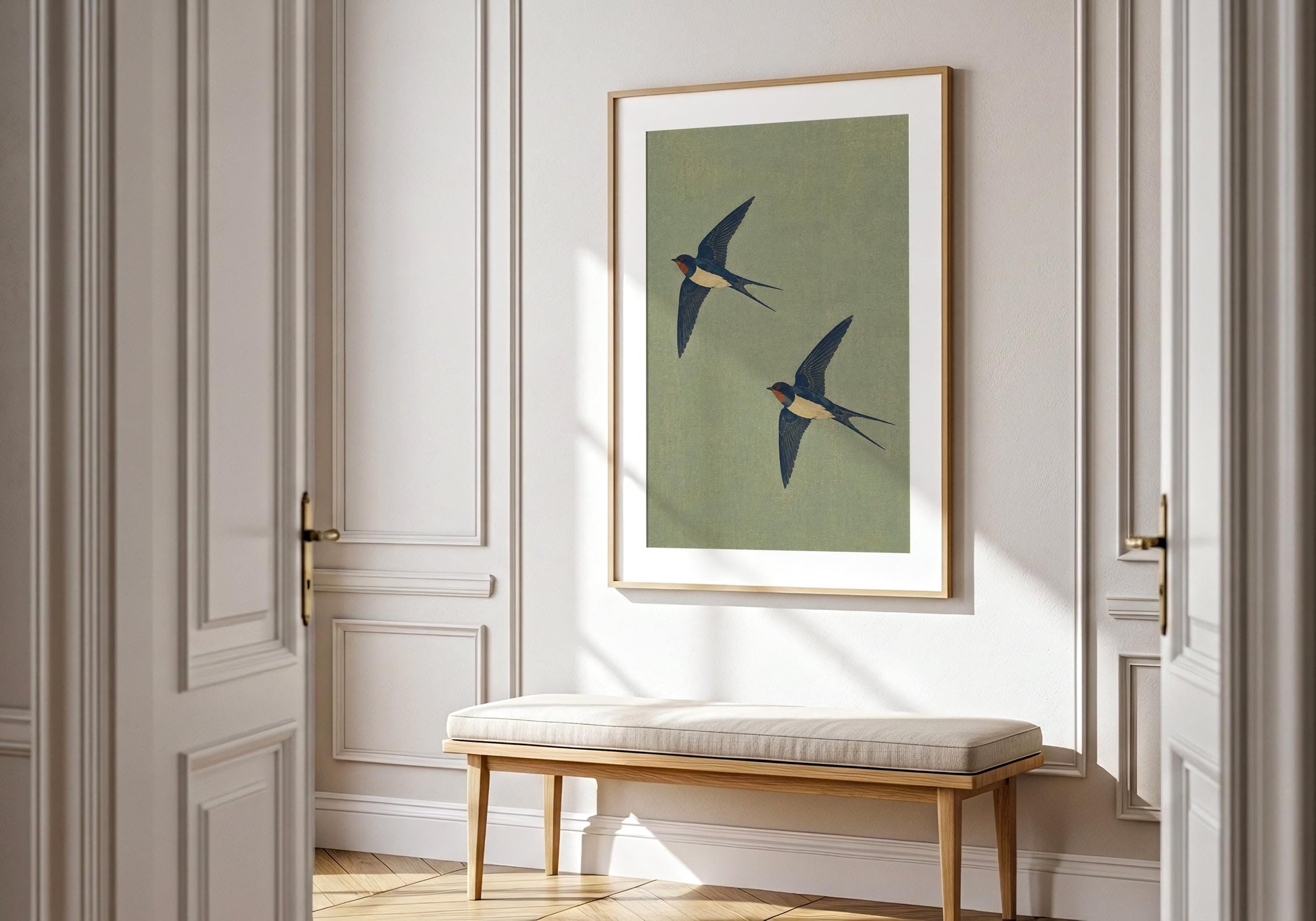 Elegant swallow couple illustration for Scandinavian interiors, meaningful engagement or wedding present.
