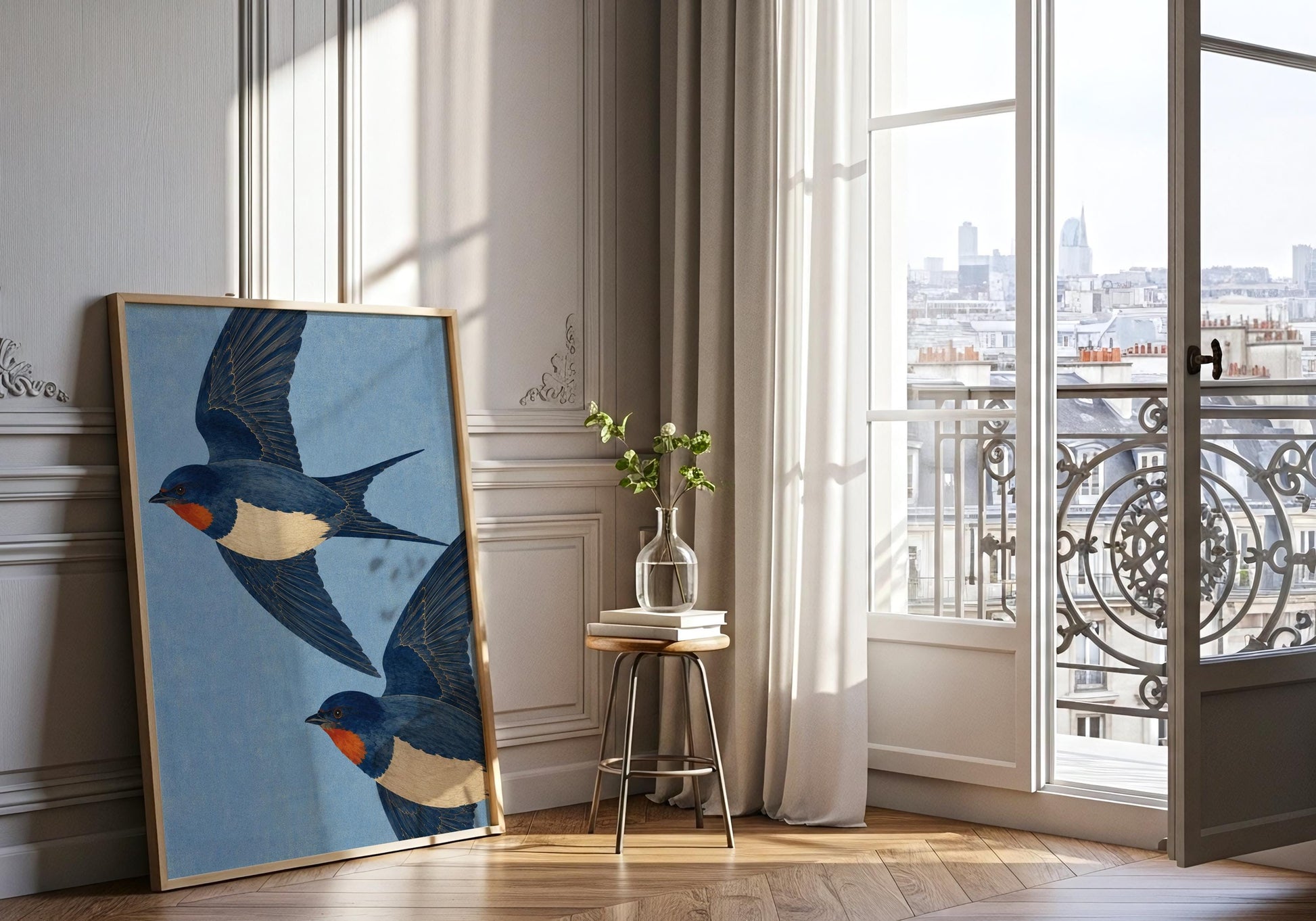 Antique-inspired swallow illustration with detailed blue birds, perfect for heritage homes and timeless interior styling.