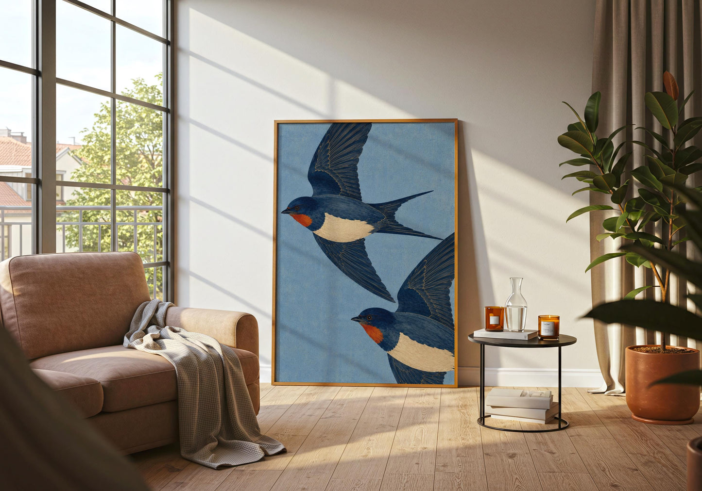 Statement swallow artwork with soft blue tones, perfect for heritage homes, gallery walls, and refined interior decor.