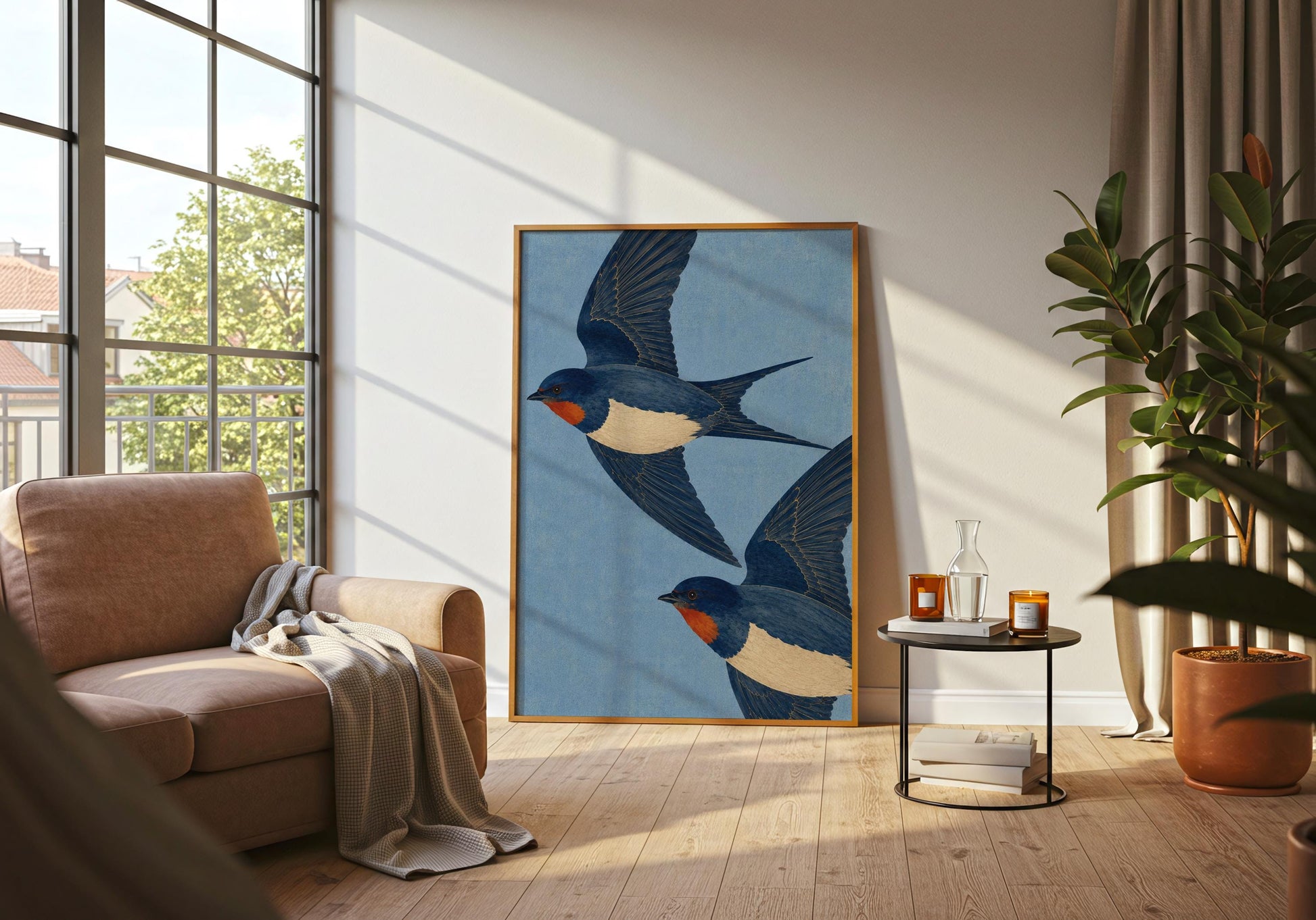 Statement swallow artwork with soft blue tones, perfect for heritage homes, gallery walls, and refined interior decor.