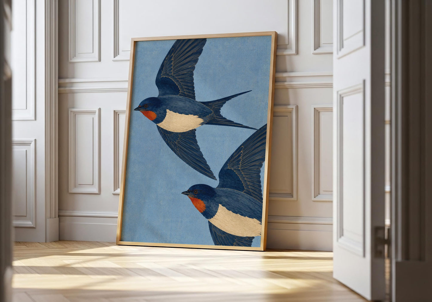 Vintage blue swallow wall art featuring two flying swallows, elegant statement artwork for Grandmillennial and English country interiors.