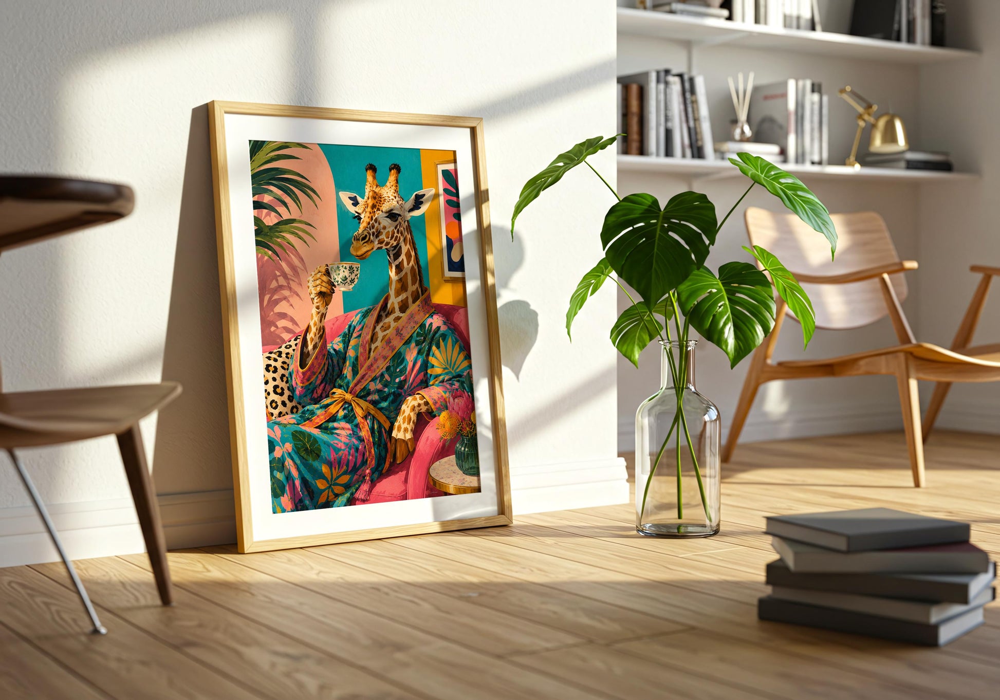 Tropical wildlife wall art featuring an elegant giraffe relaxing with a teacup.