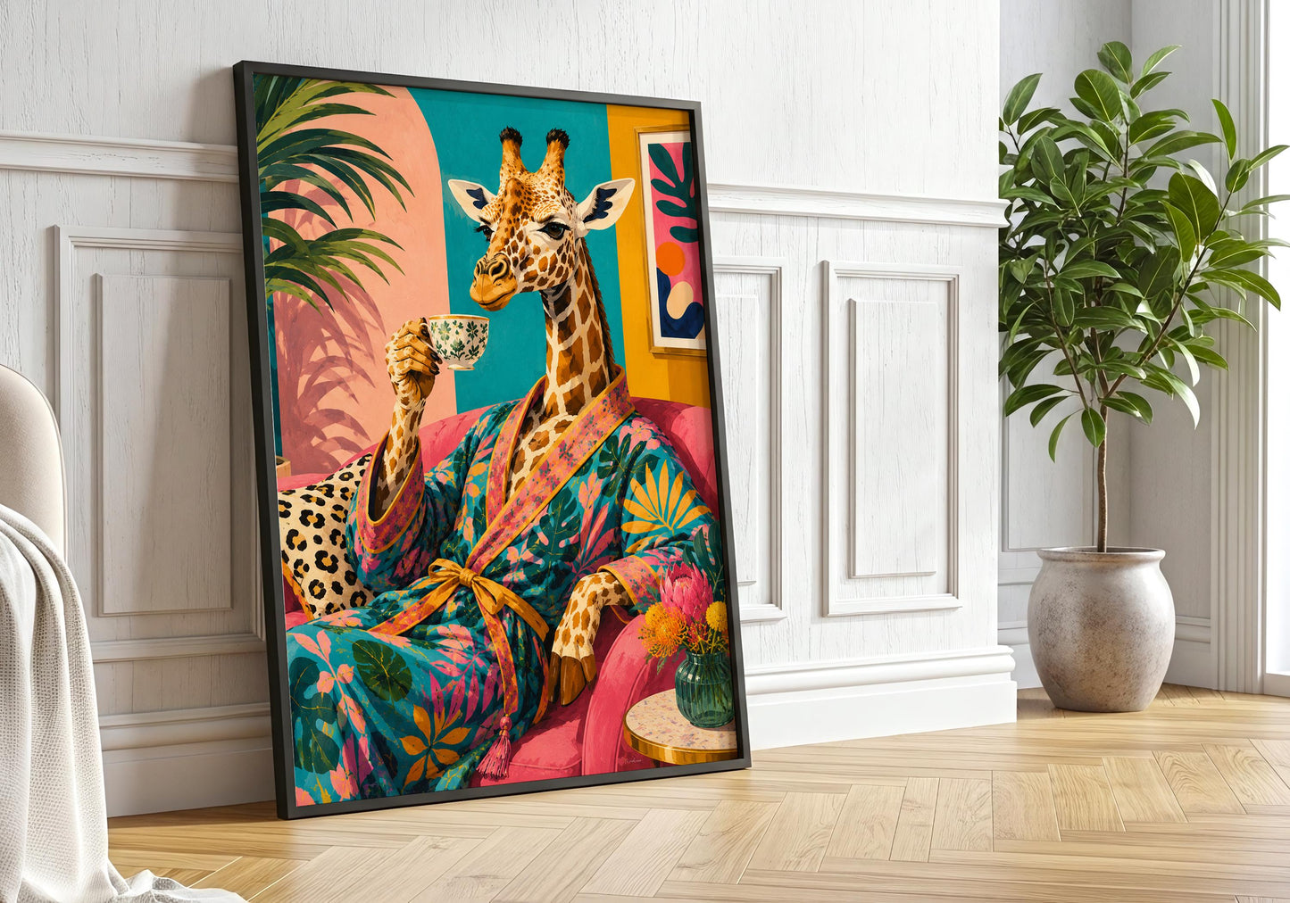 Maximalist animal print with vibrant tropical colours for eclectic home decor.
