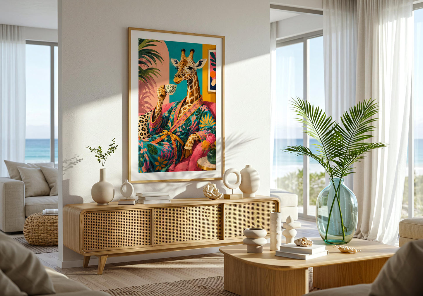Whimsical giraffe artwork perfect for colourful gallery wall styling.
