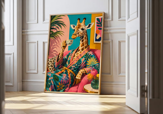 Colourful giraffe wall art featuring a stylish giraffe in a tropical robe enjoying a cup of tea.