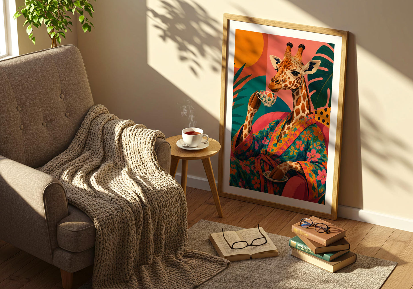Colourful living room artwork with tropical patterns and bold modern illustration.